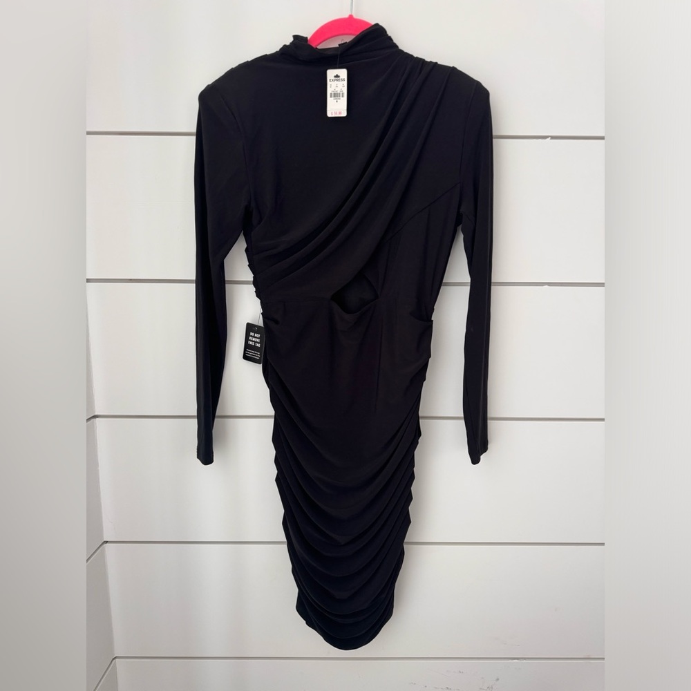 Express NWT M Black Ruched Mock Neck Strong Shoulder Back Cutout Mini Dress